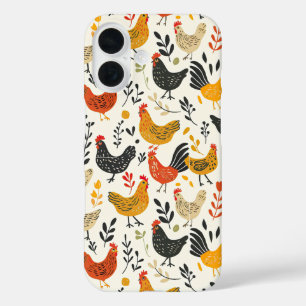 Funda iPhone 16 Roosters and Chickens Simple Ilustracion Print