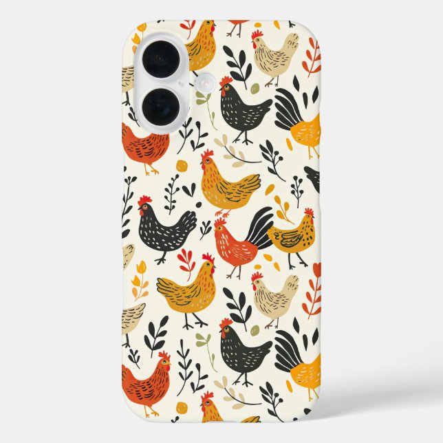 Funda iPhone 16 Roosters and Chickens Simple Ilustracion Print (Reverso )