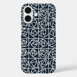 Funda iPhone 16 Rosa Art Deco Cuadrados estilizados azul marino fl