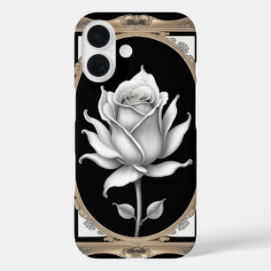 Funda iPhone 16 Rosa Blanca Elegante con Marco de Oro Ornamentado