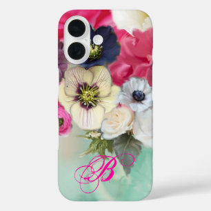 FUNDA iPhone 16 ROSA BLANCA ROSADA Y FLORES DE ANÉMONA MONOGRAMA