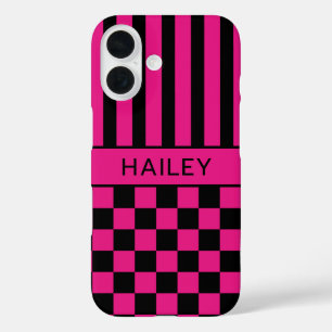 Funda iPhone 16 Rosa Caliente y Negro Cuadros Rayas Personalizado