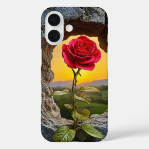 Funda iPhone 16 Rosa creciendo fuera de un agujero en una pared de