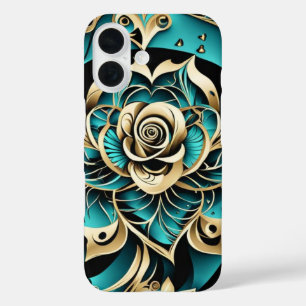 Funda iPhone 16 Rosa Damask Verde azulado, dorado y negro