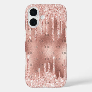 Funda iPhone 16 Rosa de iniciales de monograma de rubor dorado