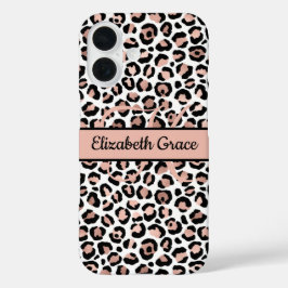 Funda iPhone 16 Rosa de Oro y Estampado de Leopardo Negro con Nomb
