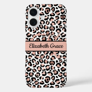 Funda iPhone 16 Rosa de Oro y Estampado de Leopardo Negro con Nomb
