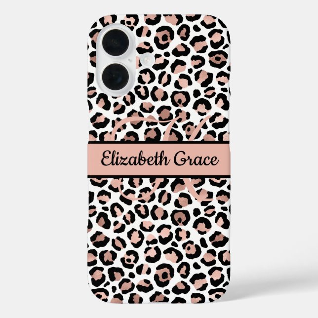 Funda iPhone 16 Rosa de Oro y Estampado de Leopardo Negro con Nomb (Reverso )