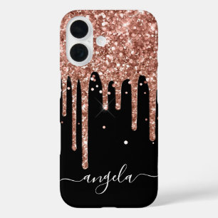 Funda iPhone 16 Rosa Dorado Brillo Gotea Firma Negra Glam