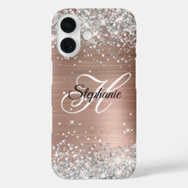 Funda iPhone 16 Rosa Dorado Purpurina Monograma Elegante Plata