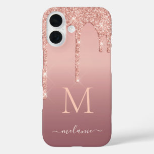 Funda iPhone 16 Rosa Gold Purpurina iPhone estuche Carta de nombre