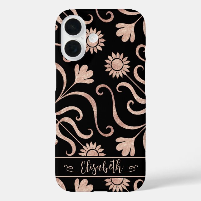 Funda iPhone 16 Rosa Oro y Black Floral Damask Sunflower Folk Art (Reverso )
