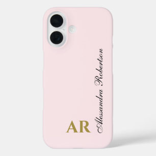 Funda iPhone 16 Rosa Pastel Monograma Minimalista Elegante Dorado