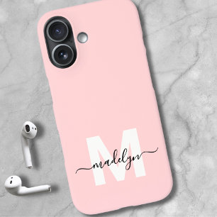 Funda iPhone 16 Rosa Rubor Elegante Monograma de Nombre Minimalist