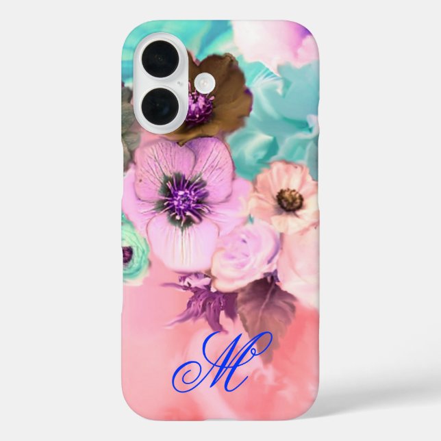 FUNDA iPhone 16 ROSA TEAL Y FLORES DE ANÉMONA MONOGRAMA (Reverso )