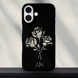 Funda iPhone 16 Rosas con iniciales de sello grunge en blanco y ne