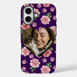 Funda iPhone 16 Rosas en acuarela y huellas de patas con foto pers