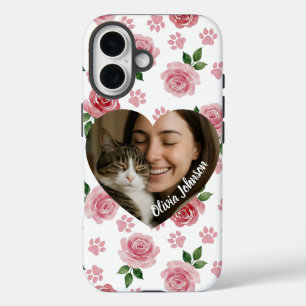 Funda iPhone 16 Rosas en acuarela y huellas de patas con foto pers