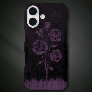 Funda iPhone 16 Rosas Grunge Black Purple Monograma Nombre persona