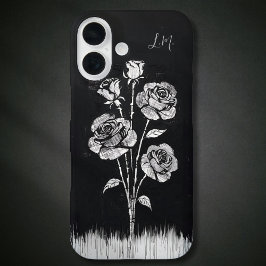 Funda iPhone 16 Rosas Grunge Monograma Blanco Negro Nombre persona