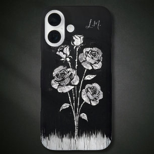 Funda iPhone 16 Rosas Grunge Monograma Blanco Negro Nombre persona