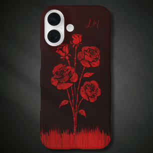 Funda iPhone 16 Rosas Grunge Monograma Rojo Negro Nombre personali