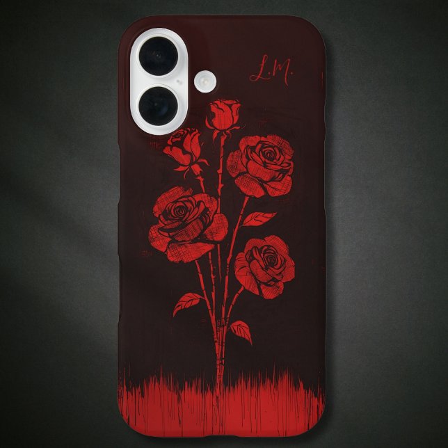 Funda iPhone 16 Rosas Grunge Monograma Rojo Negro Nombre personali (Subido por el creador)