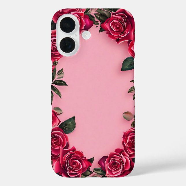 Funda iPhone 16 Rosas rojas sobre fondo rosa (Reverso )