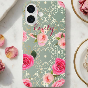 Funda iPhone 16 Rosas rosadas vintage en nombre personalizado Verd