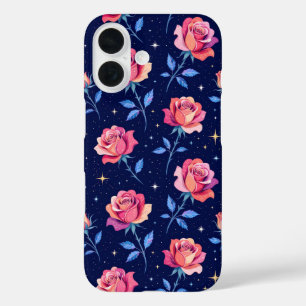 Funda iPhone 16 Rosas Vibrantes Contra Cielo Nocturno Estrellado