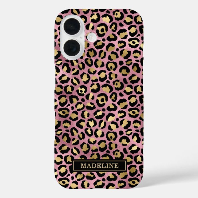 Funda iPhone 16 Rose Gold Foil Leopard Print Monogrammed (Reverso )