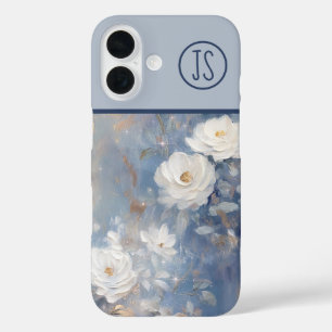 Funda iPhone 16 Roses blancos en fondo azul monogramados