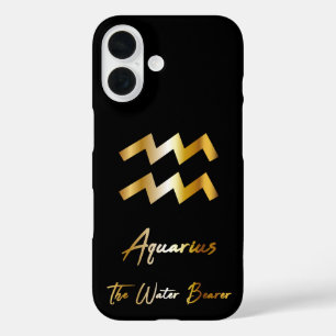 Funda iPhone 16 Rótulo Aquarius Zodiac, negro y oro