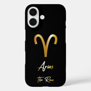 Funda iPhone 16 Rótulo Aries Zodiac, negro y oro