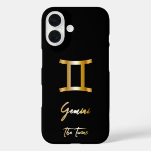 Funda iPhone 16 Rótulo Gemini Zodiac, negro y oro