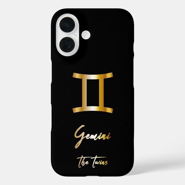 Funda iPhone 16 Rótulo Gemini Zodiac, negro y oro (Reverso )