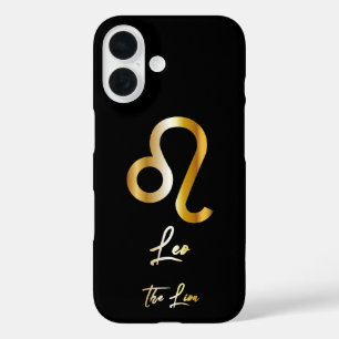 Funda iPhone 16 Rótulo Leo Zodiac, negro y oro