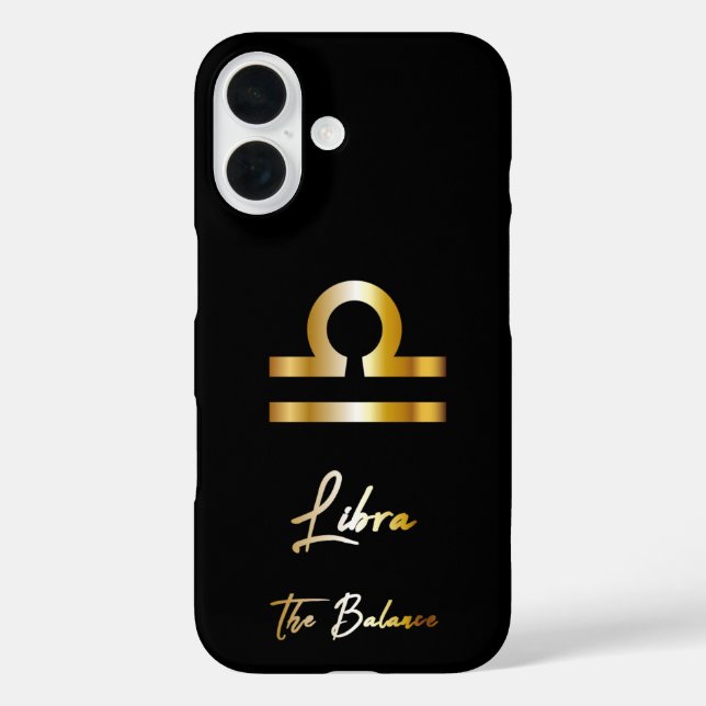 Funda iPhone 16 Rótulo Libra Zodiac, negro y oro (Reverso )