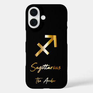 Funda iPhone 16 Rótulo Sagittarius Zodiac, negro y oro