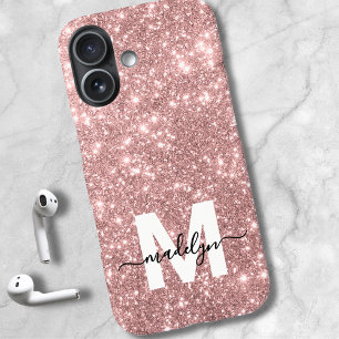 Funda iPhone 16 Rubor Rosa Dorado Brillo Monograma de Nombre