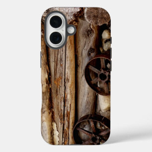 Funda iPhone 16 Ruedas Rustic Log Cabin & Wagon, nombre, duro