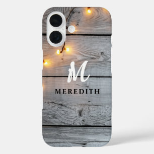 Funda iPhone 16 Rustic Barn Wood Elegance String Luces Monograma