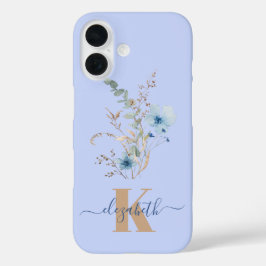 Funda iPhone 16 rustic dusty Blue watercolor flower bouquet
