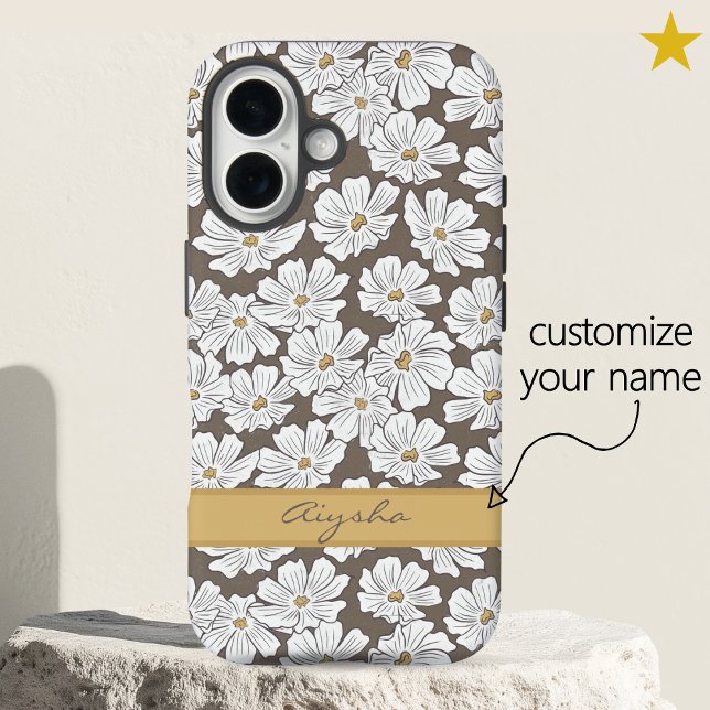 Funda iPhone 16 Rustic White Flower Sketch Yellow Gray Custom Name (Subido por el creador)