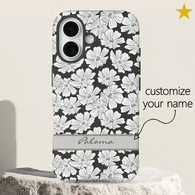 Funda iPhone 16 Rustic White Flowers Sketch Black Gray Custom Name (Subido por el creador)