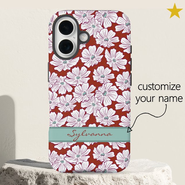 Funda iPhone 16 Rustic White Flowers Sketch Red Teal Custom Name (Subido por el creador)