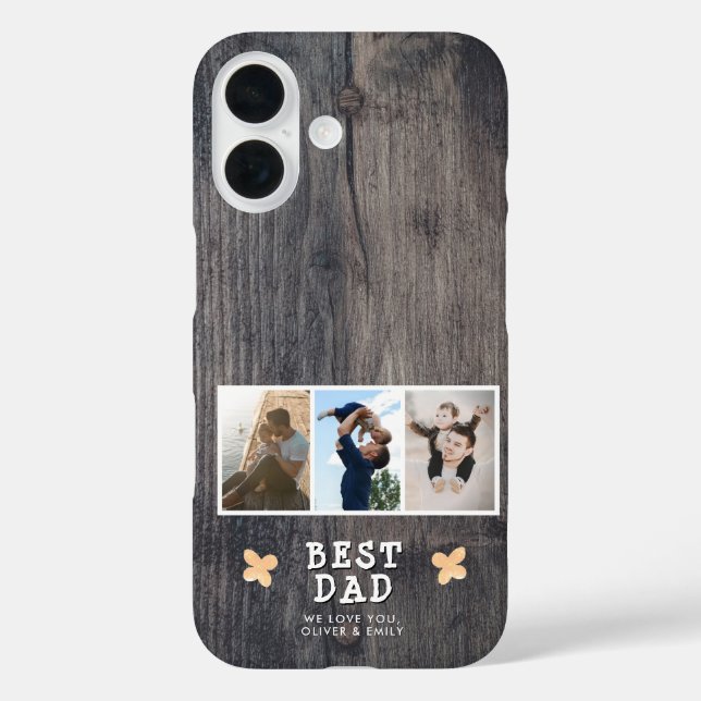 Funda iPhone 16 Rustic Wood Mejor Papá 3 Collage de fotos Keepsake (Reverso )