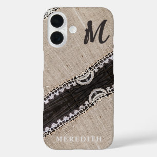 Funda iPhone 16 Rústico Burlap Lace Barn Wood Elegancia Monograma