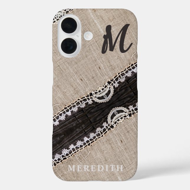 Funda iPhone 16 Rústico Burlap Lace Barn Wood Elegancia Monograma (Reverso )