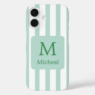 Funda iPhone 16 Sage Green Mint Strips Monograma Classic Font